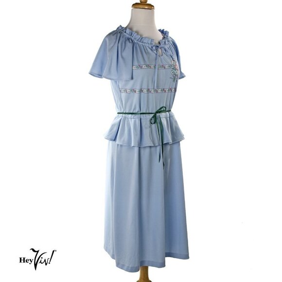 Vintage 80s Powder Blue Peplum Dress - Cap Sleeves - Picture 2 of 6